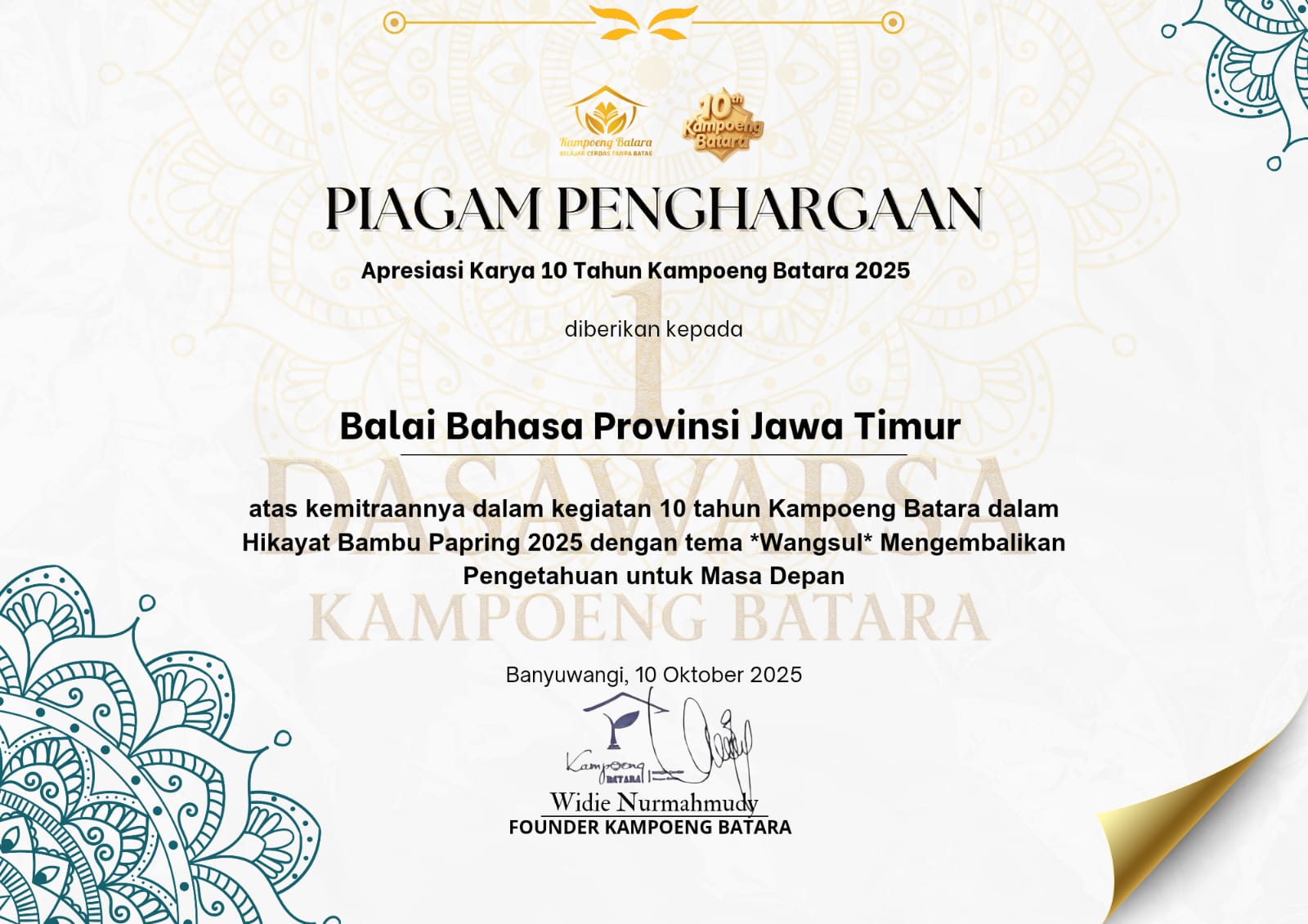 Piagam Piagam Penghargaan Apresiasi Karya 10 Tahun Kampoeng Batara 2025